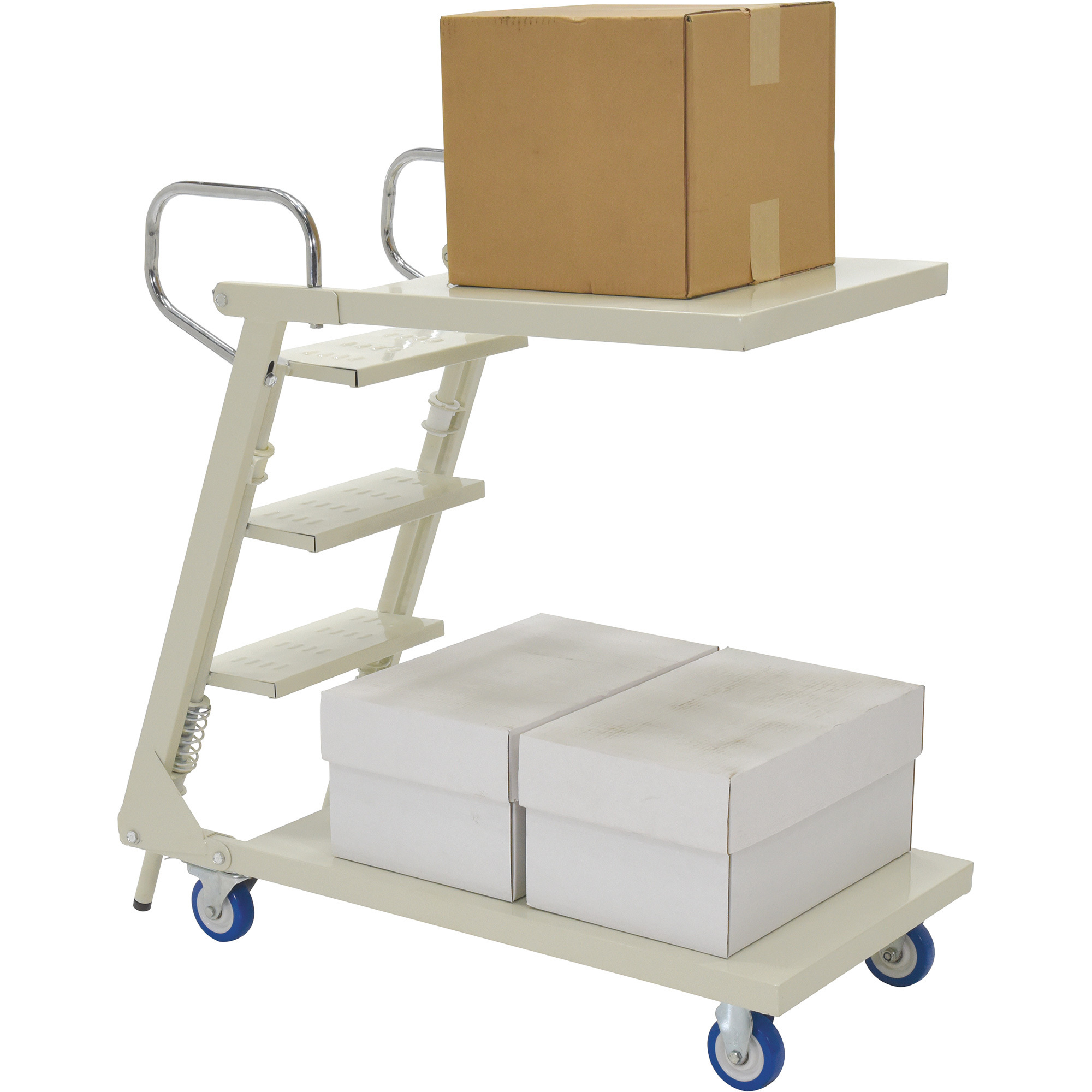 Vestil Steel Cantilever Stockpicker Truck - 440-Lb. Capacity, Poly-On-Poly Casters, Spring Loaded Step Ladder, Model# SPS2-2041-C